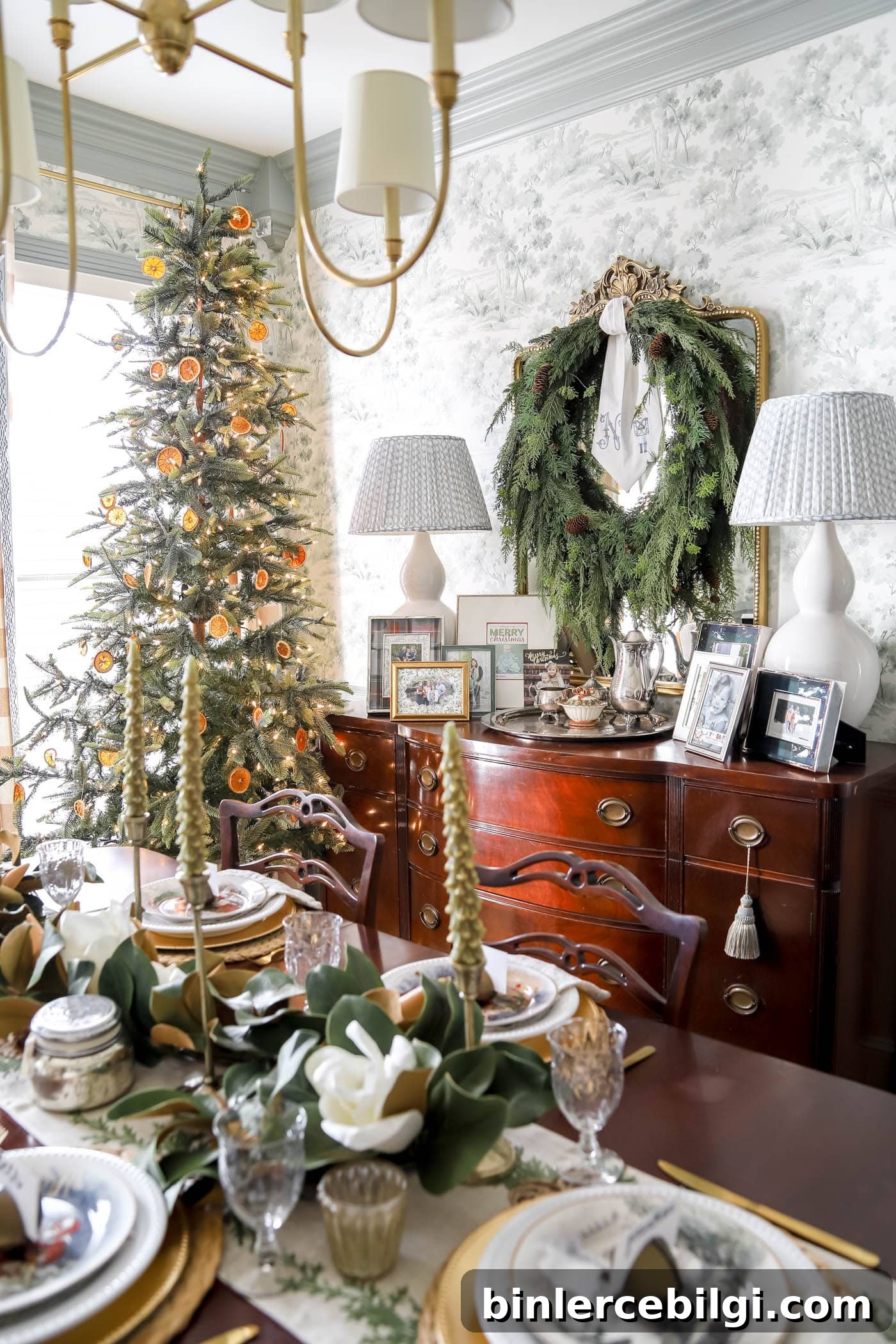 Timeless Home Decor Essentials to Elevate Your Space 4 large mirror with wreath over it for Christmas in the dining room.