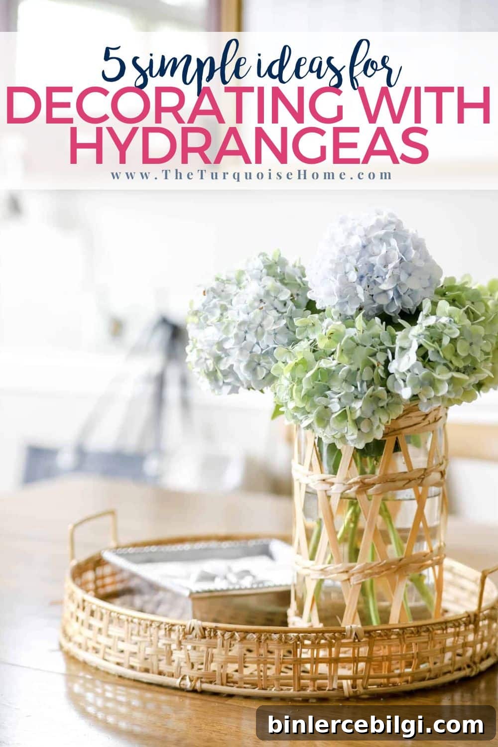 Hydrangea Decor Ideas to Brighten Your Home 2 blue and white hydrangeas in a vase on a wooden table.