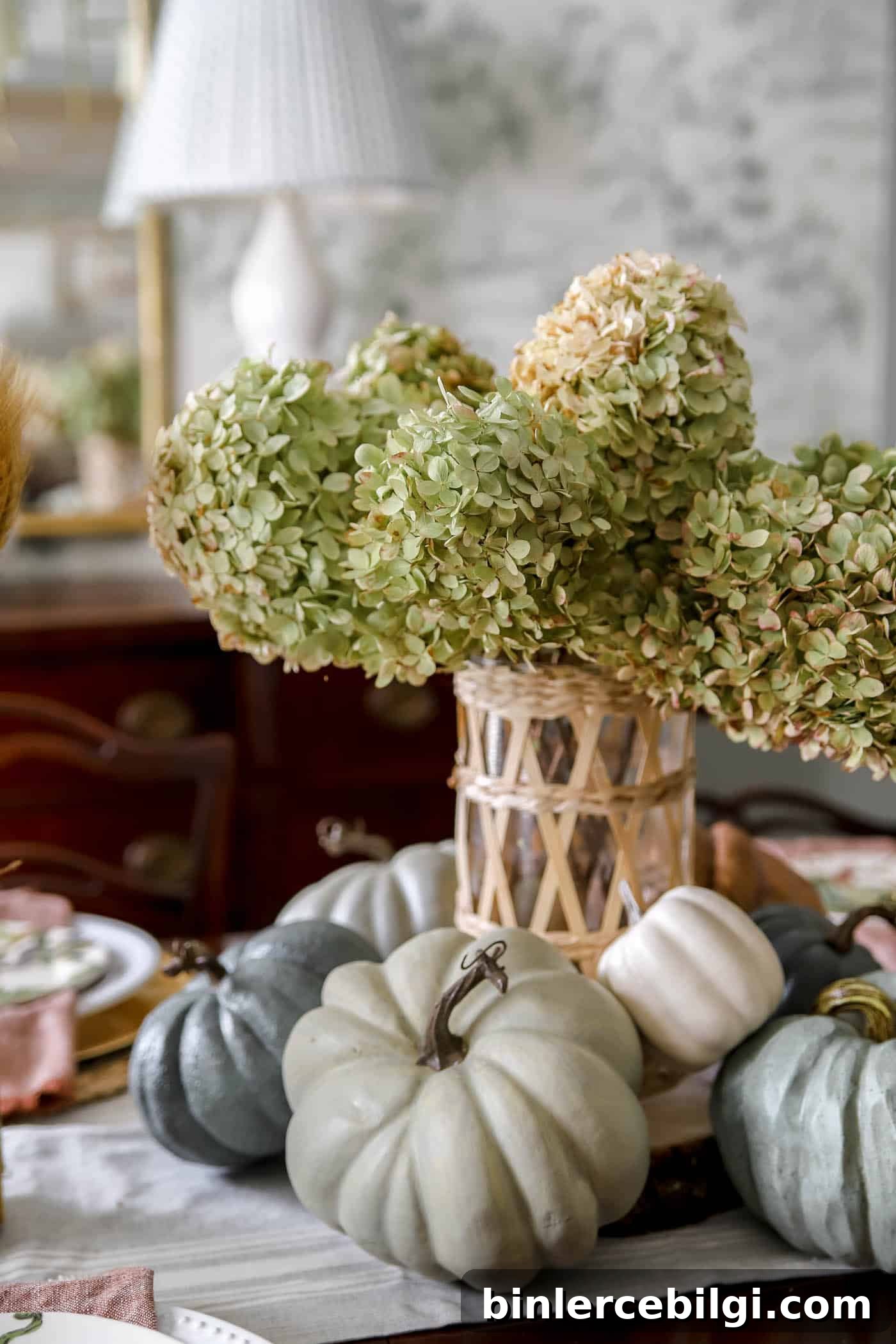Hydrangea Decor Ideas to Brighten Your Home 7 fall tablescape with dried hydrangea centerpiece.