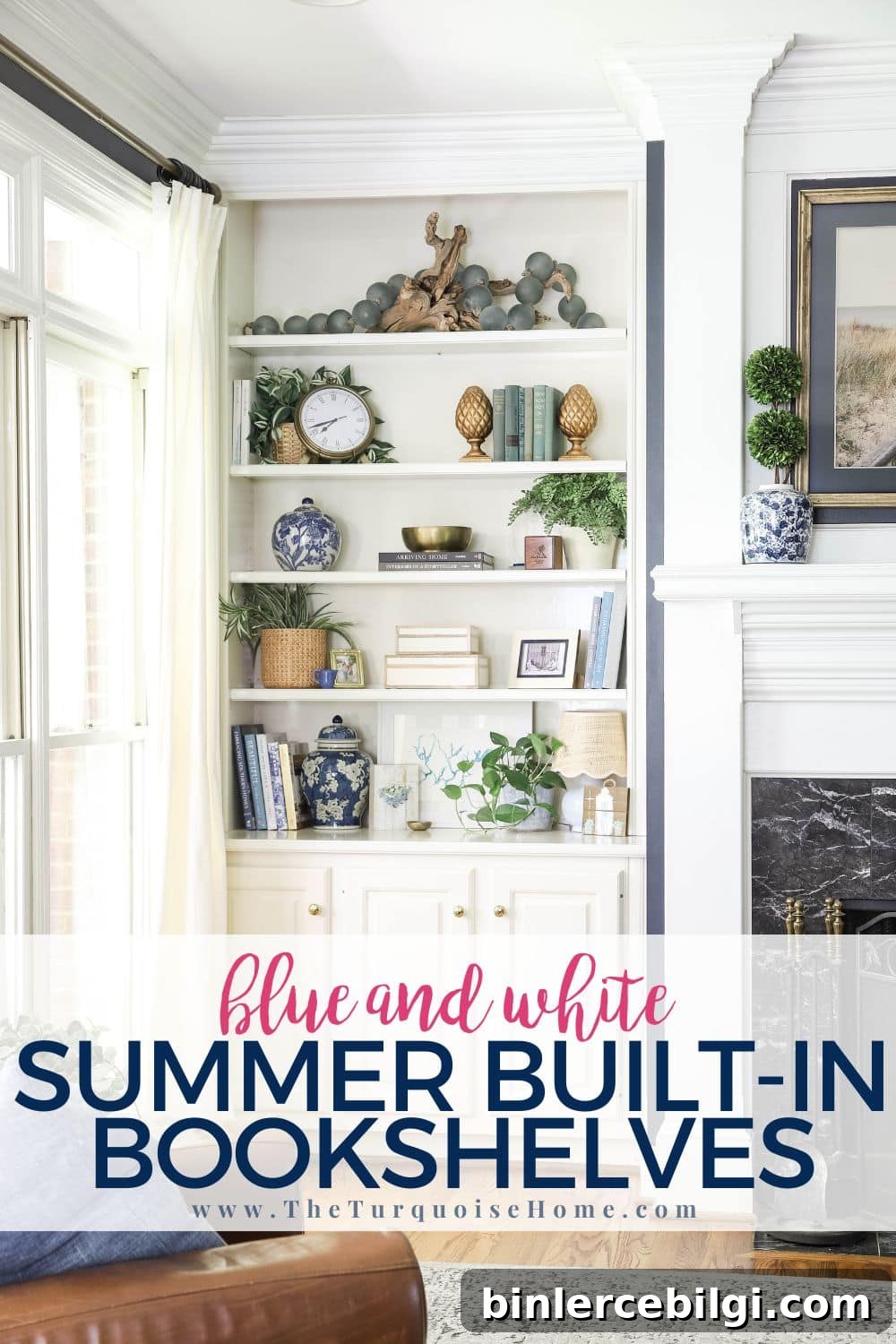 blue and white summer built-in bookshelves