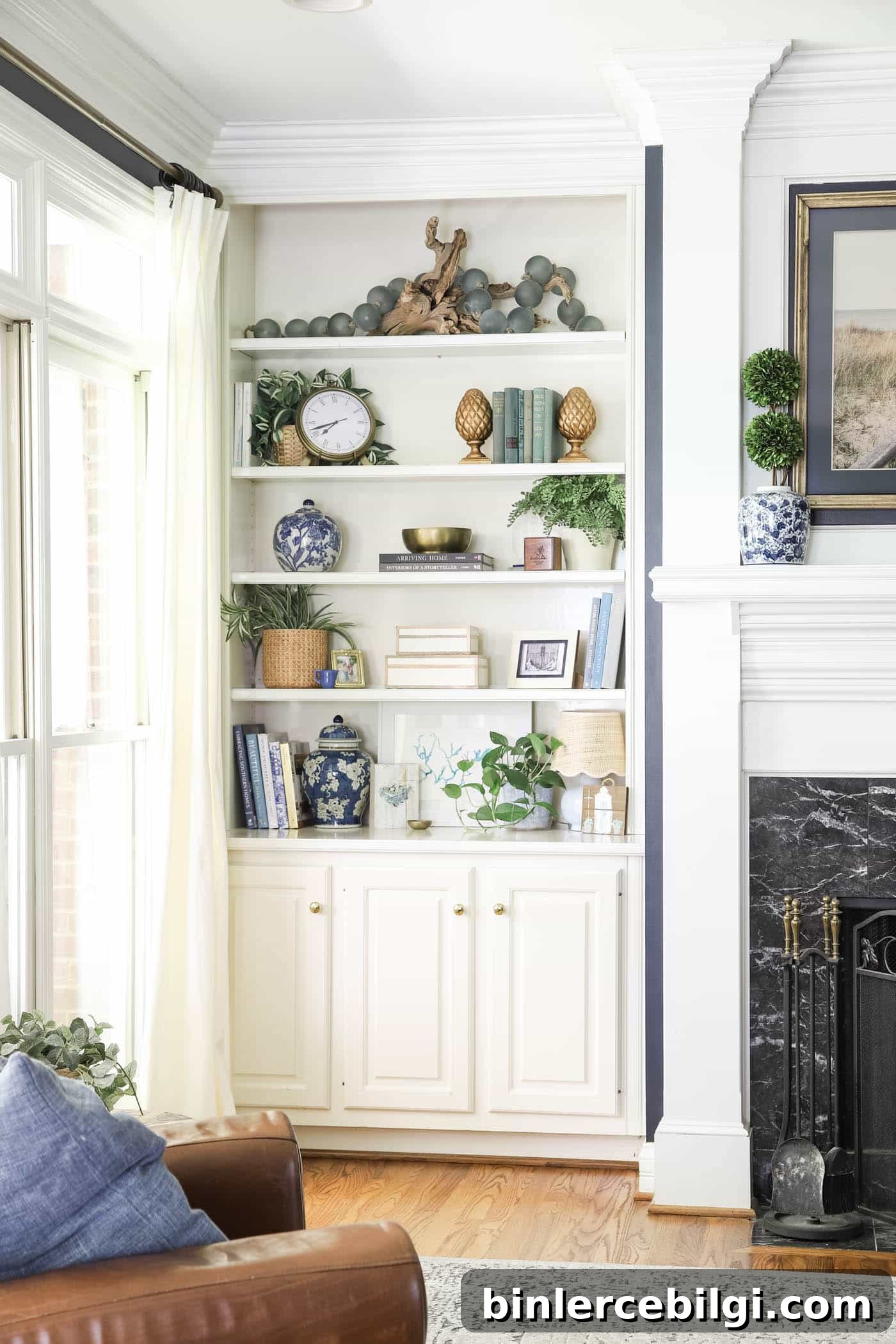 blue and white summer built-in bookshelves
