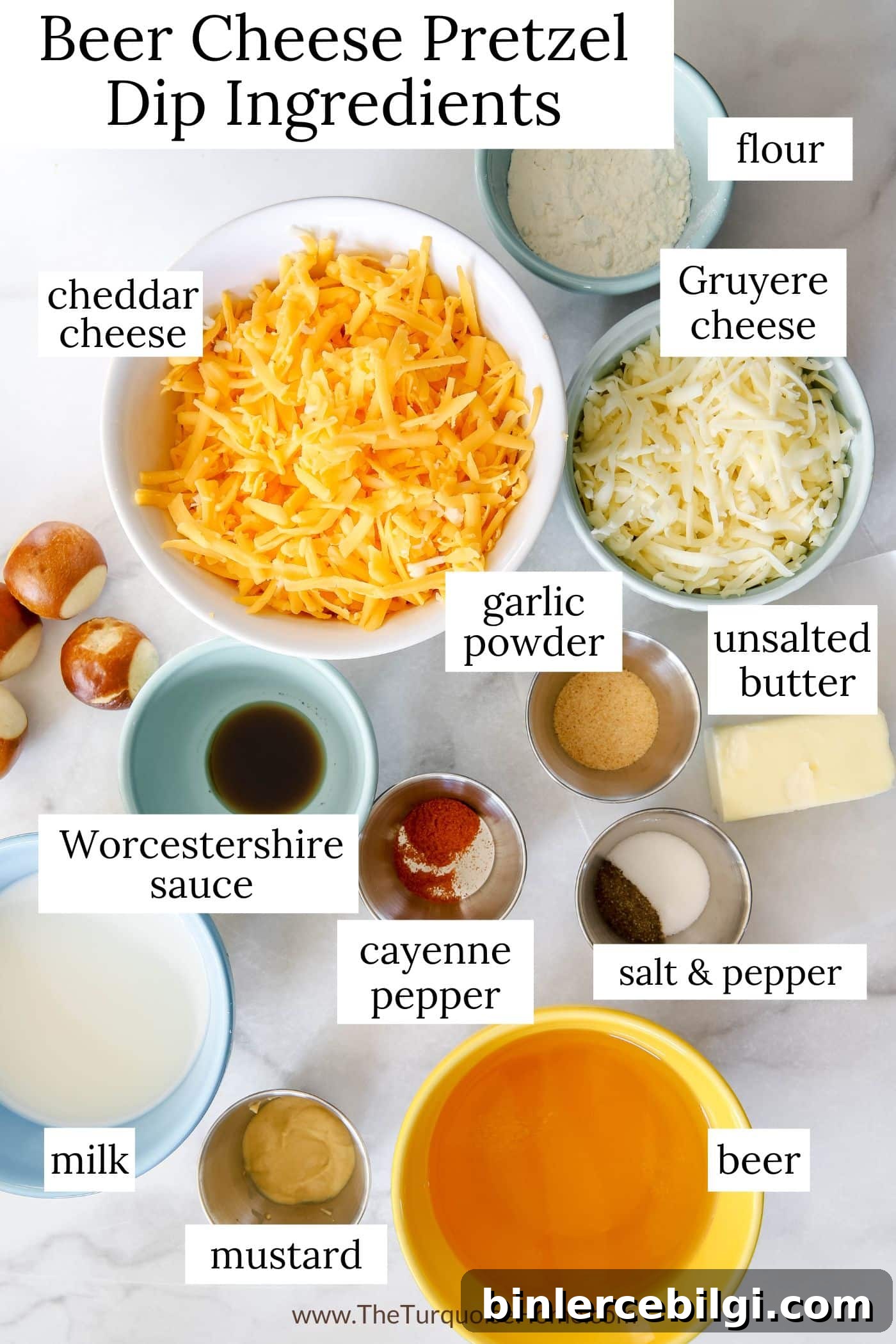Beer cheese pretzel dip ingredients displayed