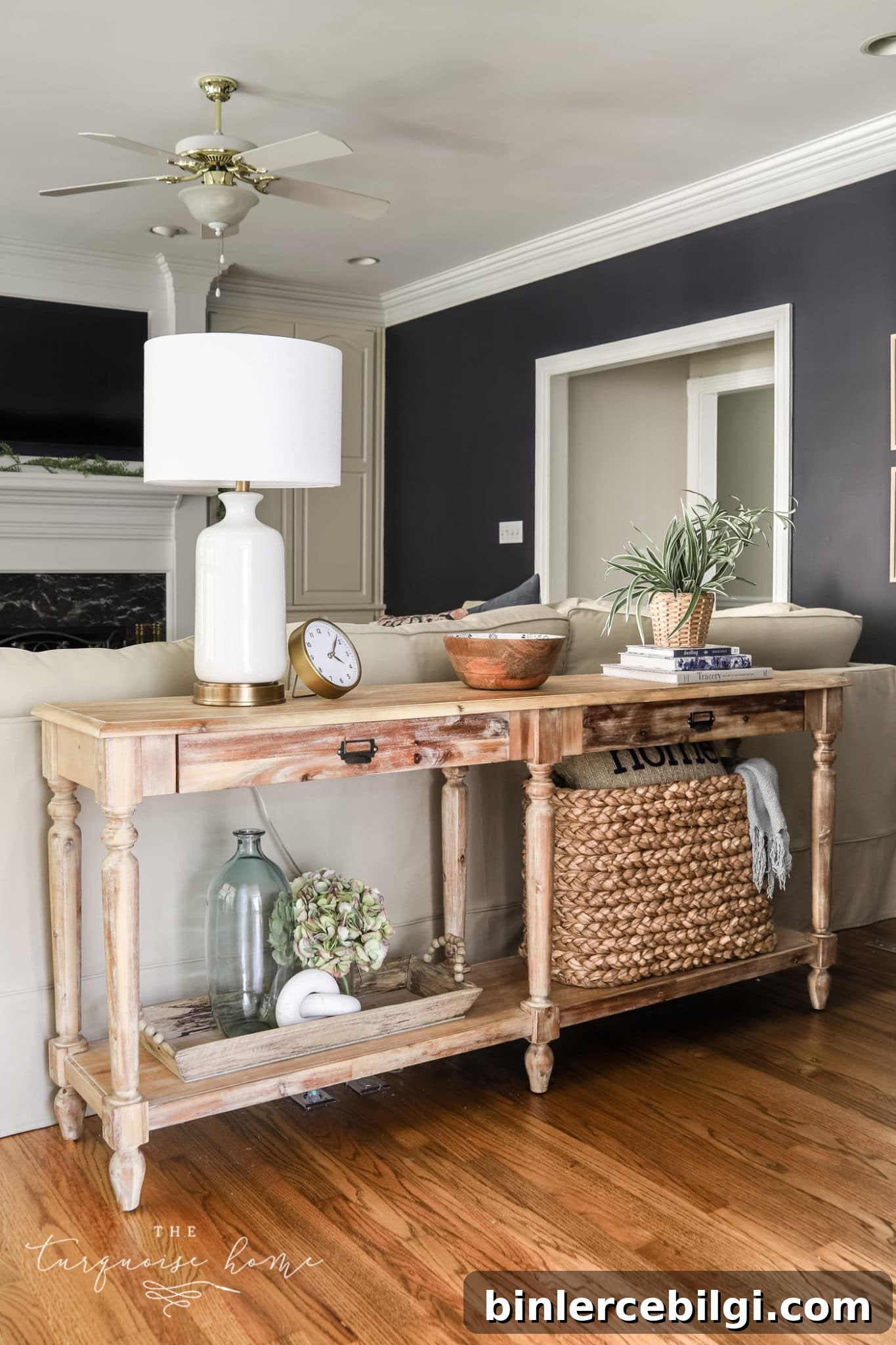 console table behind the sofa