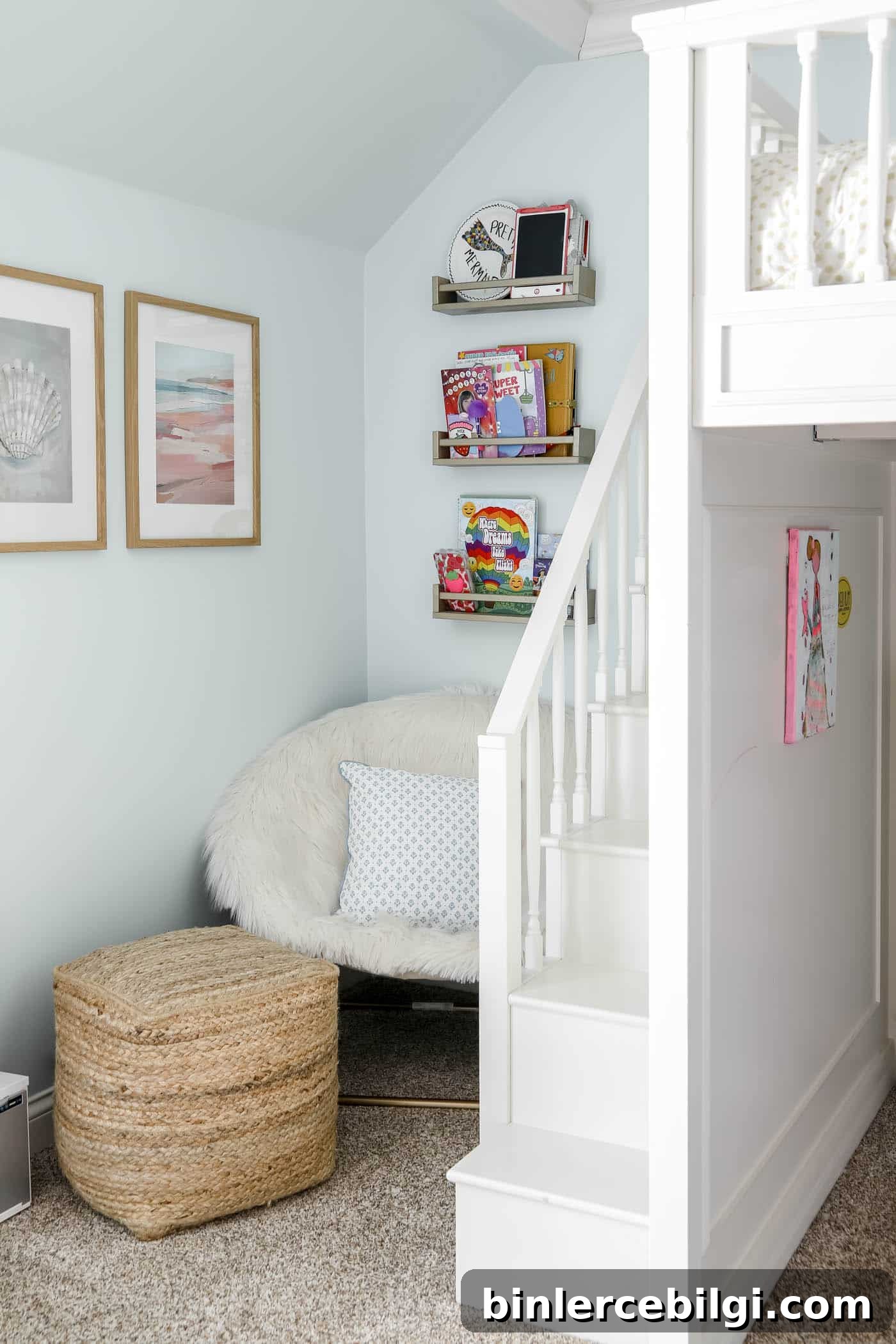 Corner beyond the loft bed in a girls room.