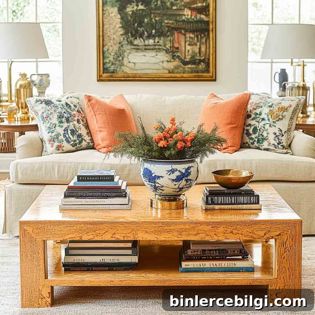 a fall-styled coffee table vignette with books, a bowl of pinecones, a chrysanthemum, and brass candlesticks