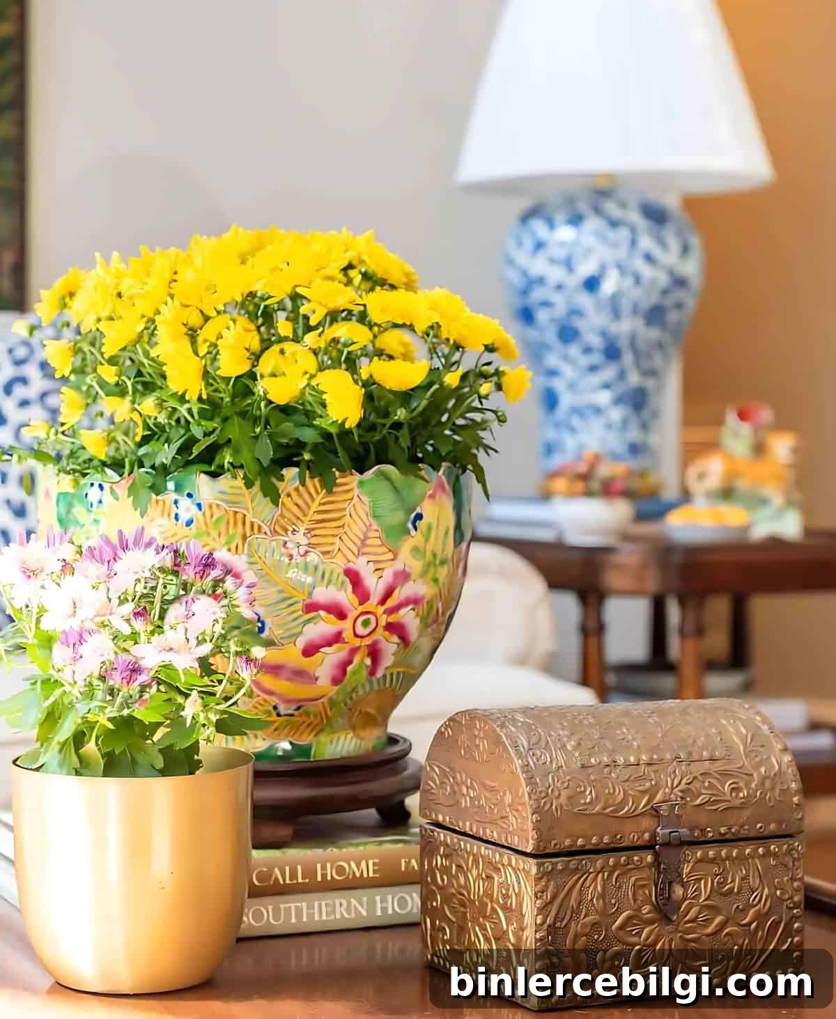 potted mums on a table