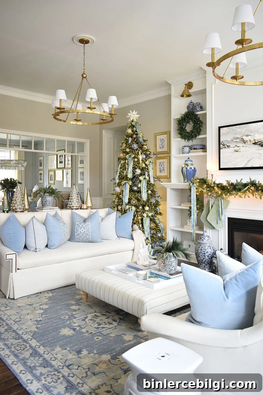 blue and green christmas living room decor.