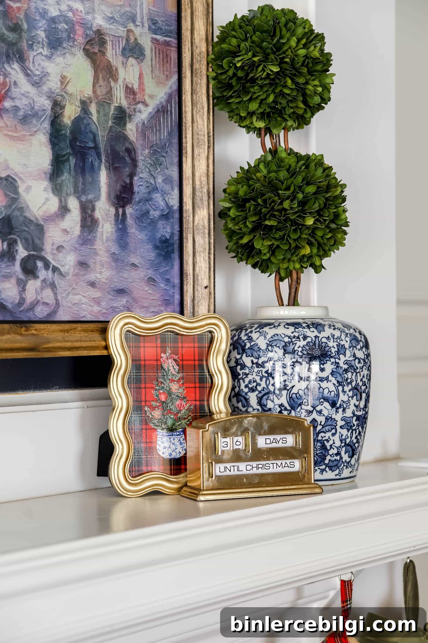 chinoiserie tree and classic plaid free Christmas printable in a wavy gold frame.