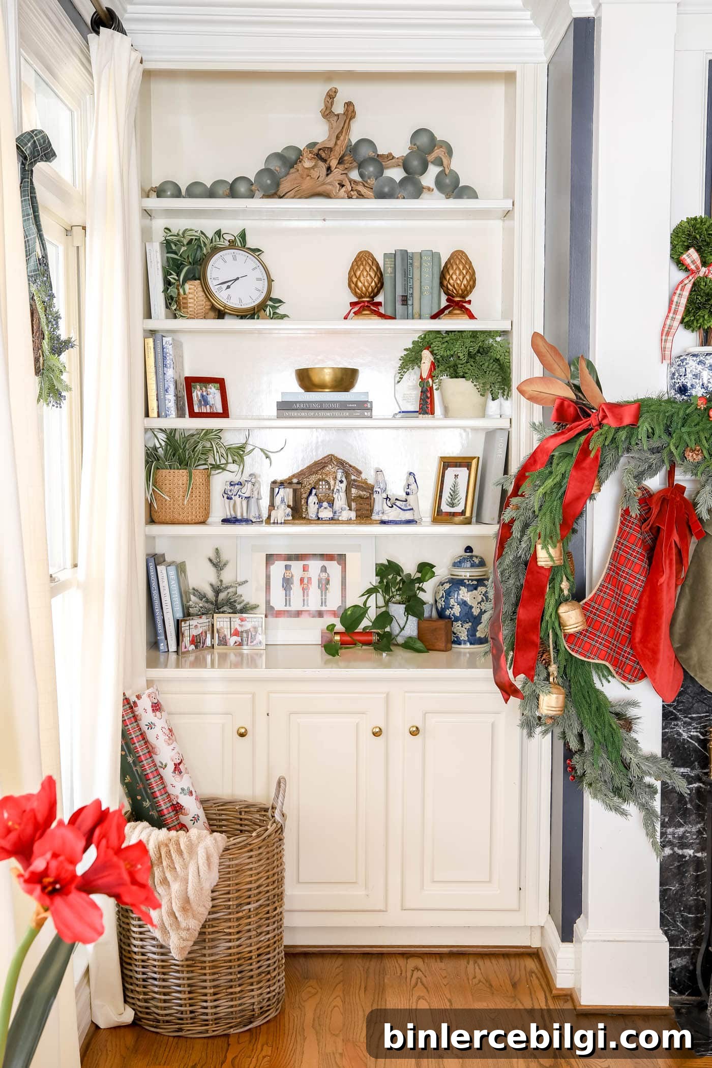 Ralph Lauren Christmas decor on a bookshelf.