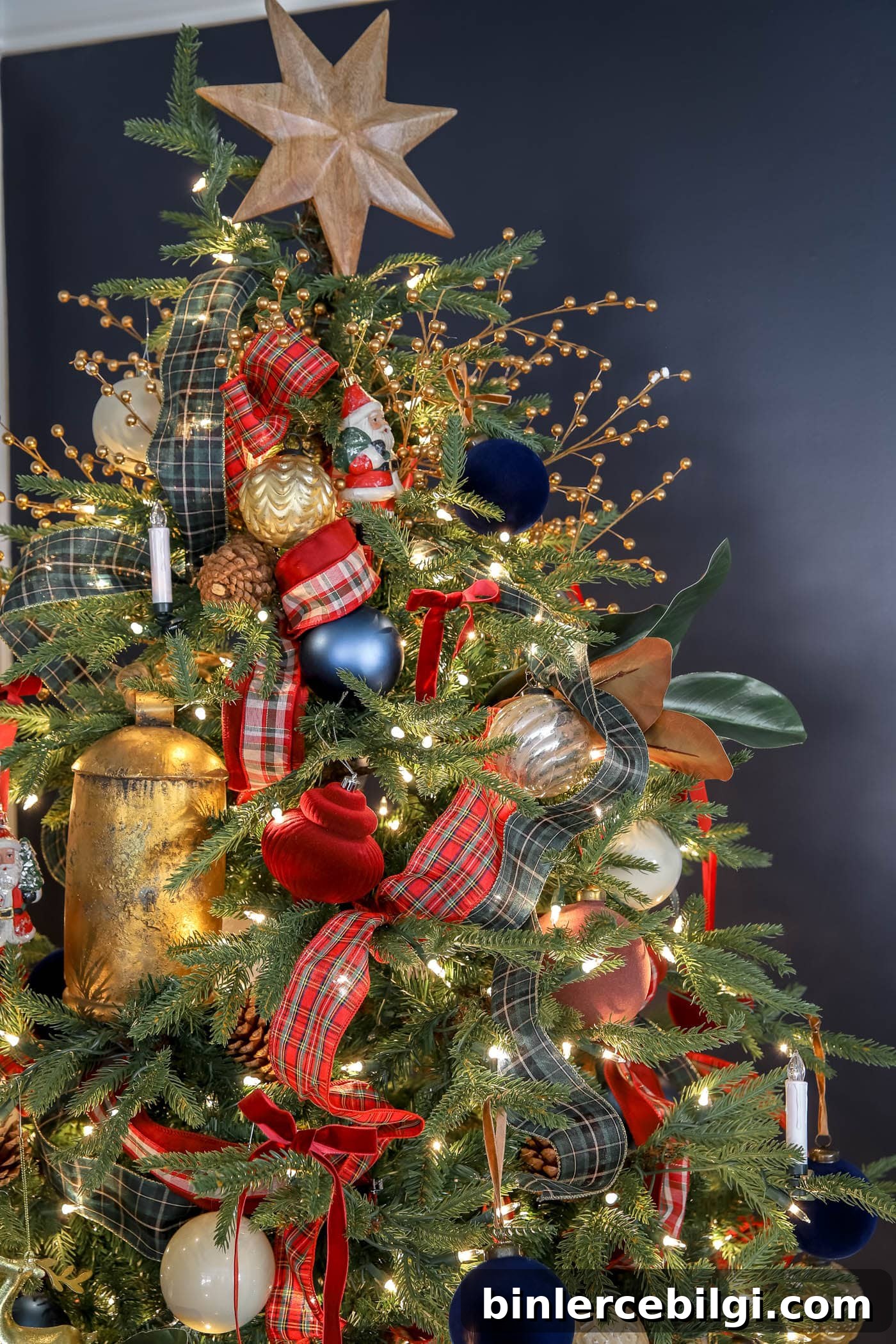 up close Christmas tree ornaments with traditional Ralph Lauren Christmas decor.