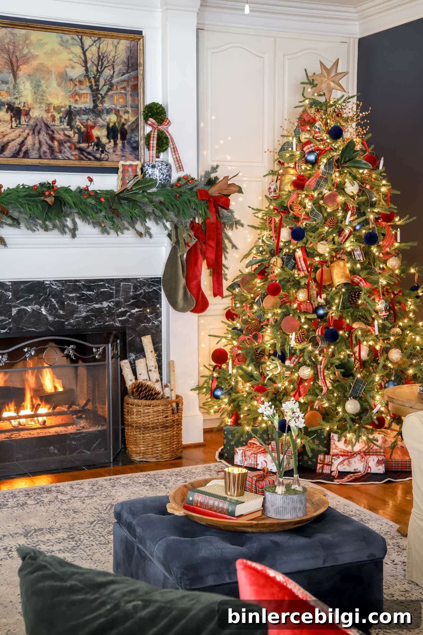 classic Ralph Lauren-Inspired Christmas decor in the living room.