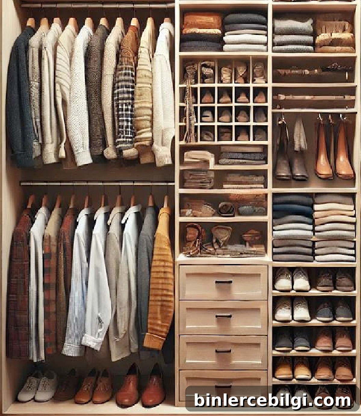 Organized small closet with hanging and shelf solutions