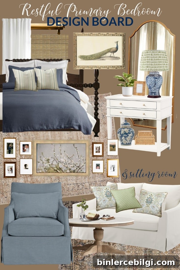 Primary bedroom design board with brown walls and blue and green accents.