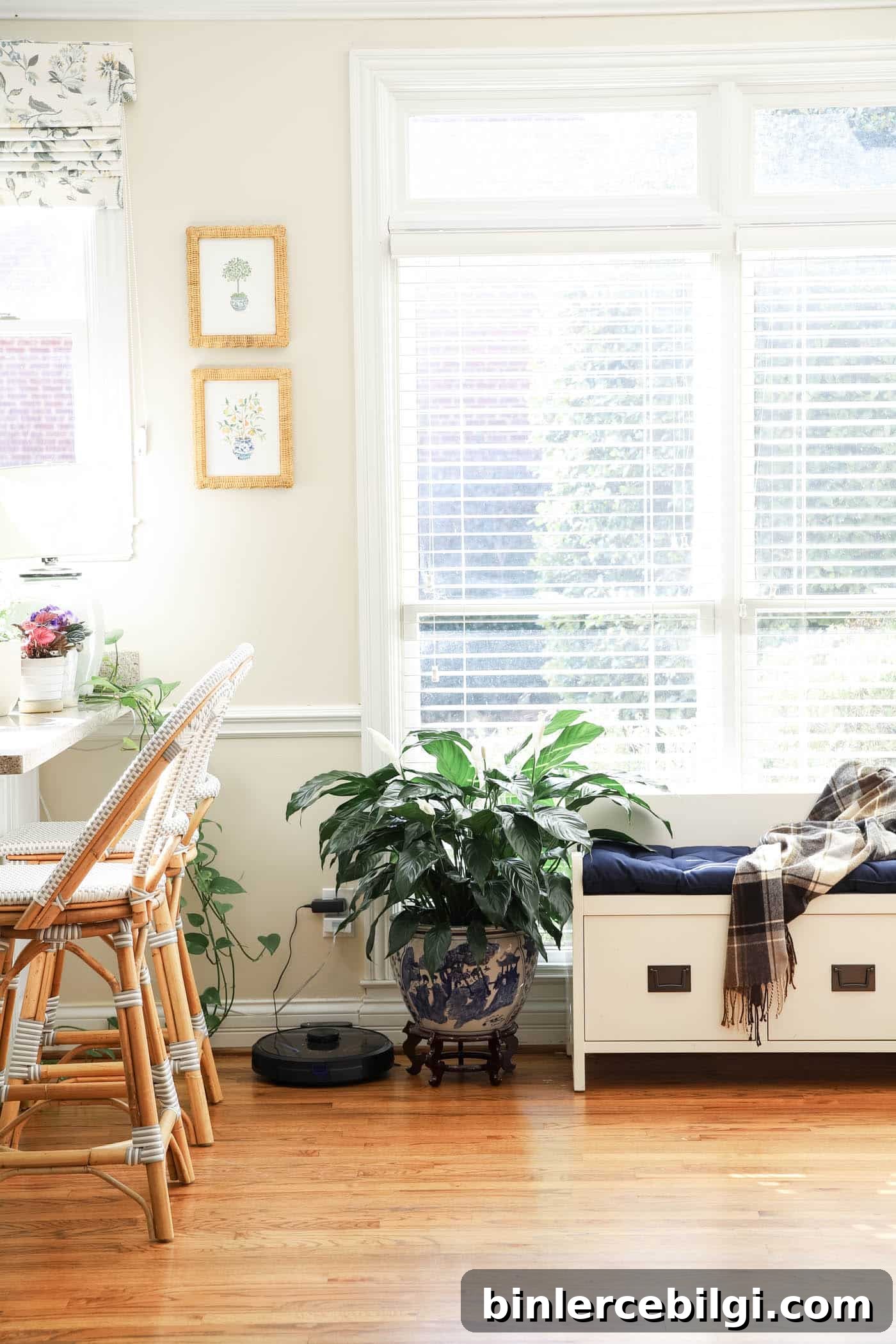 Post-Christmas Winter Decor Ideas to Cozy Up Your Home 10 Simple corner of a kitchen with large peace lily and chinoiserie planter and stand.