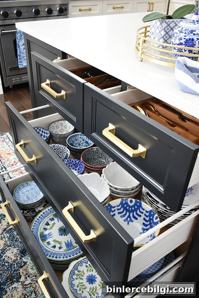 kitchen drawers with blue and white dishes