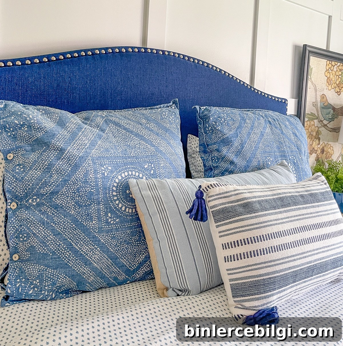cottage core bedroom makeover with blue pillows