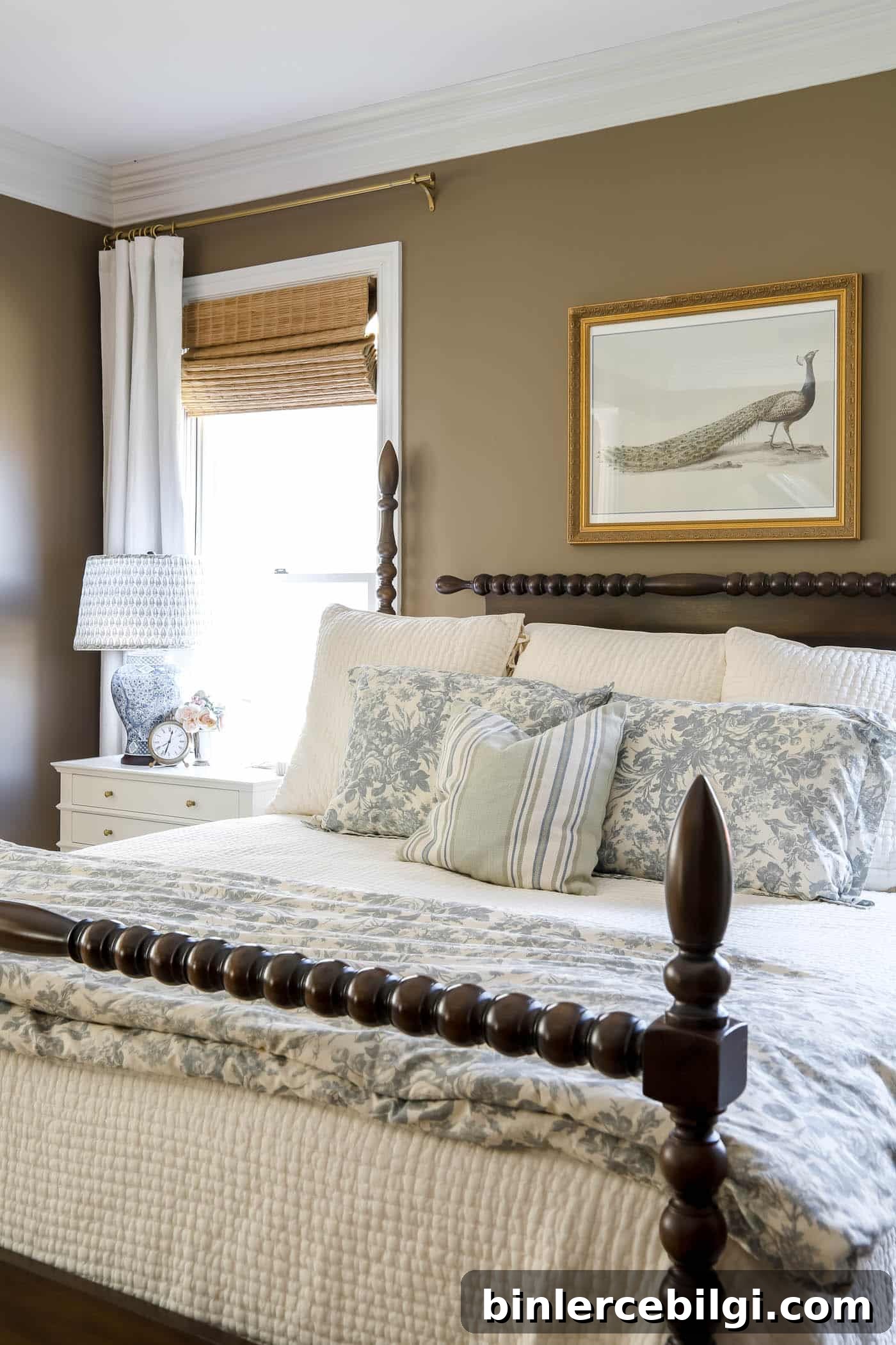 toile bedding on bed for spring decor