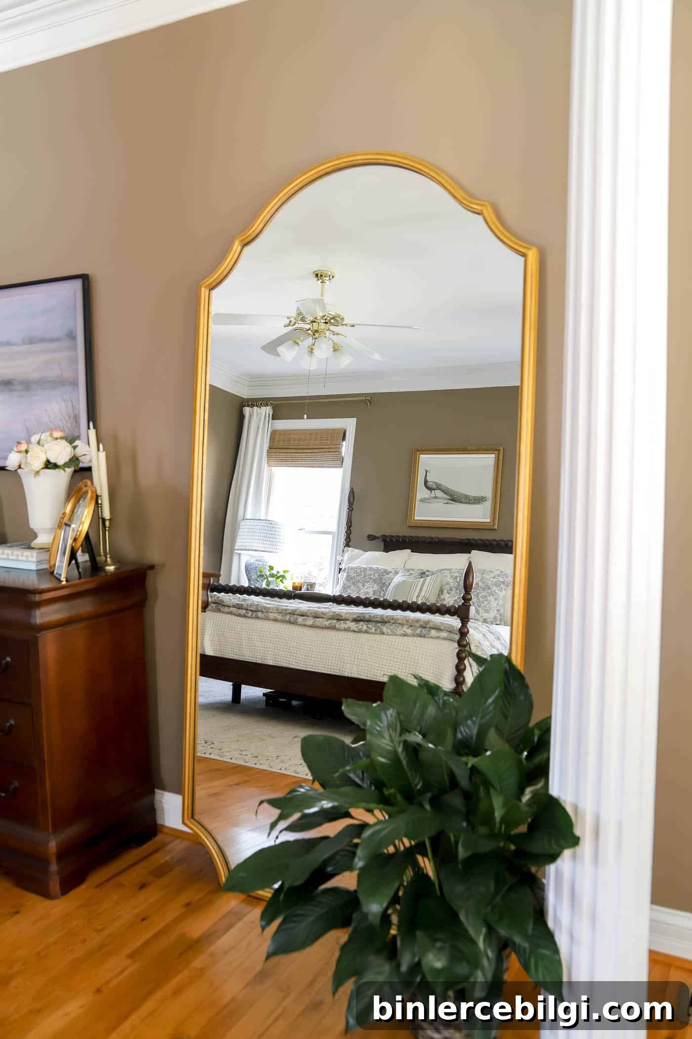 peace lily next to a large mirror with the reflection of a bed