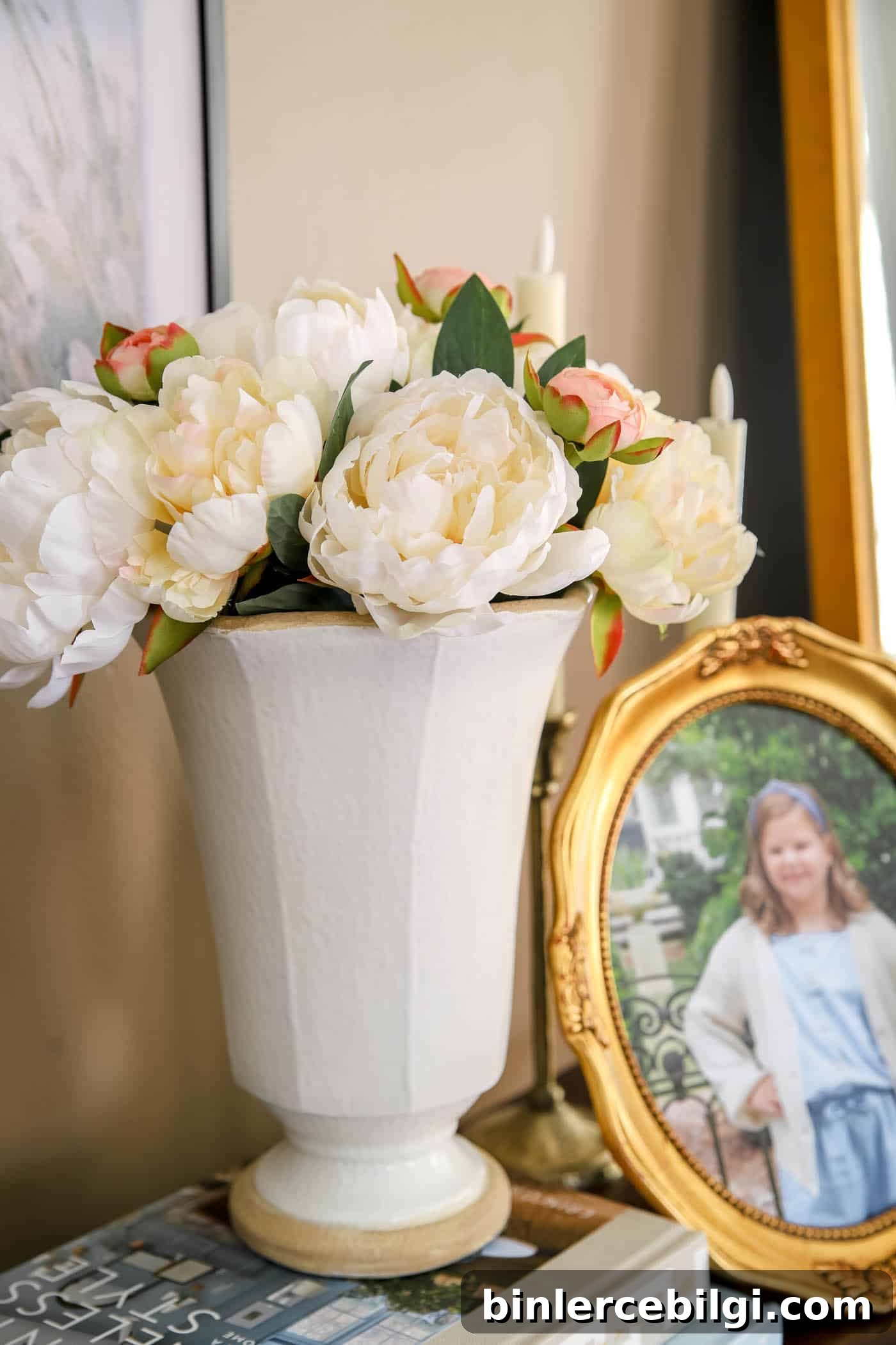 faux peony bouquet with ranunculus in a ceramic vase