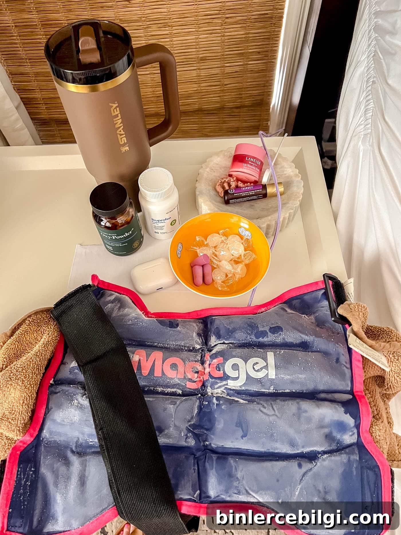 post surgery recovery essentials on my night stand!