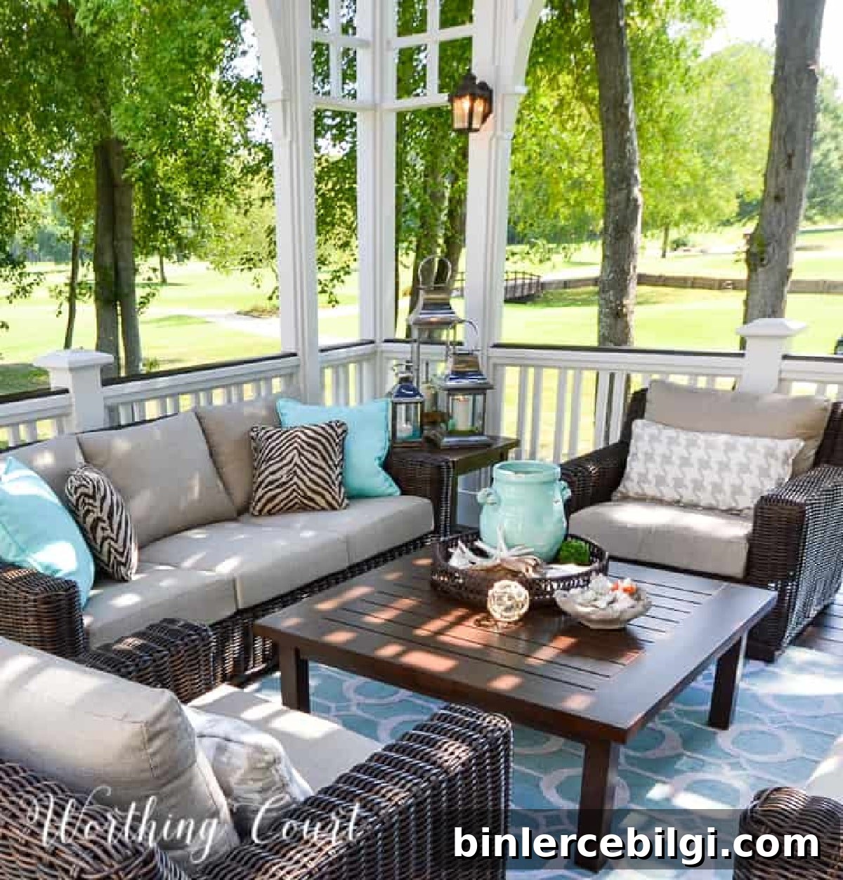 Inviting porch space with layered textures and seating