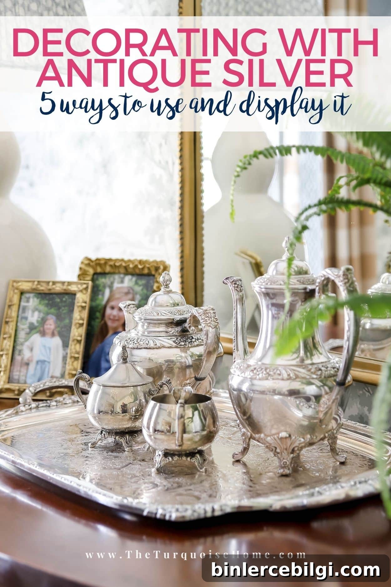 Sterling silver plated coffee pot, tea pot, sugar and cream bowls and a teat tray. decorating with antique silver or inherited silver pieces.