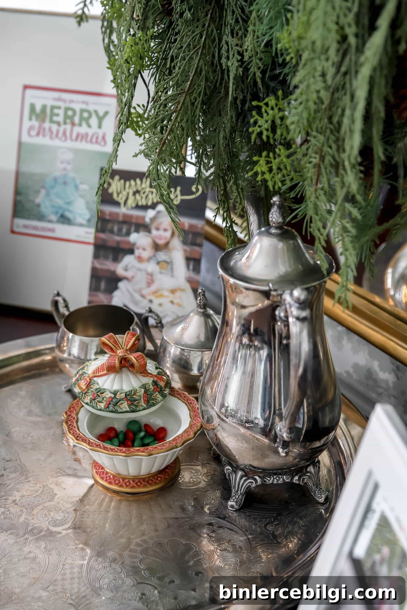 christmas candy jar with silver tea set and tray. 