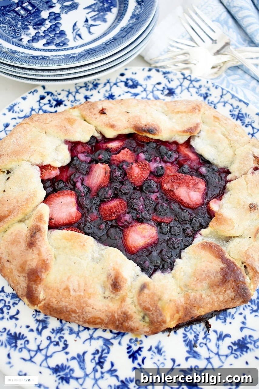 berry crostata on a blue and white plate