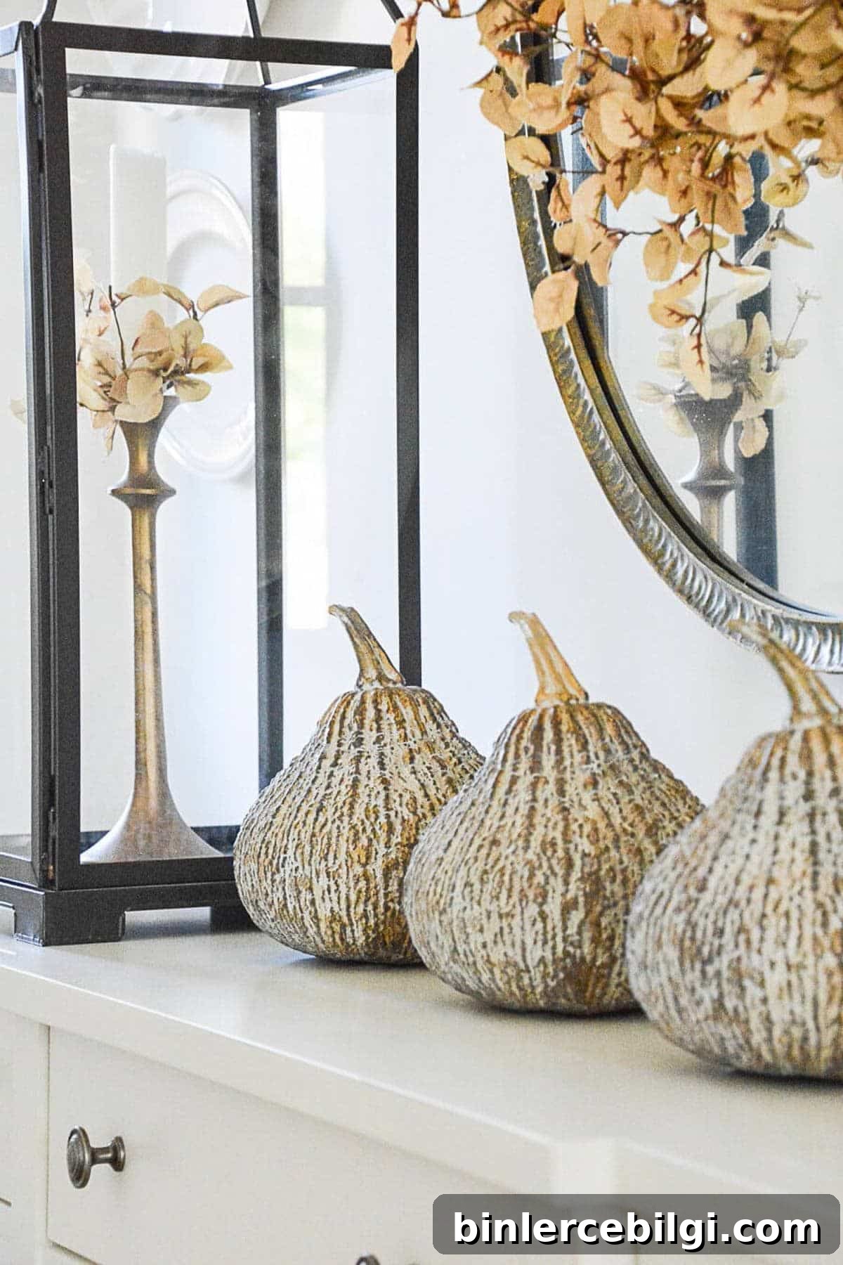 DIY Fall Decorating Projects and August Home Inspiration 4 Pumpkin decor and lantern on dresser