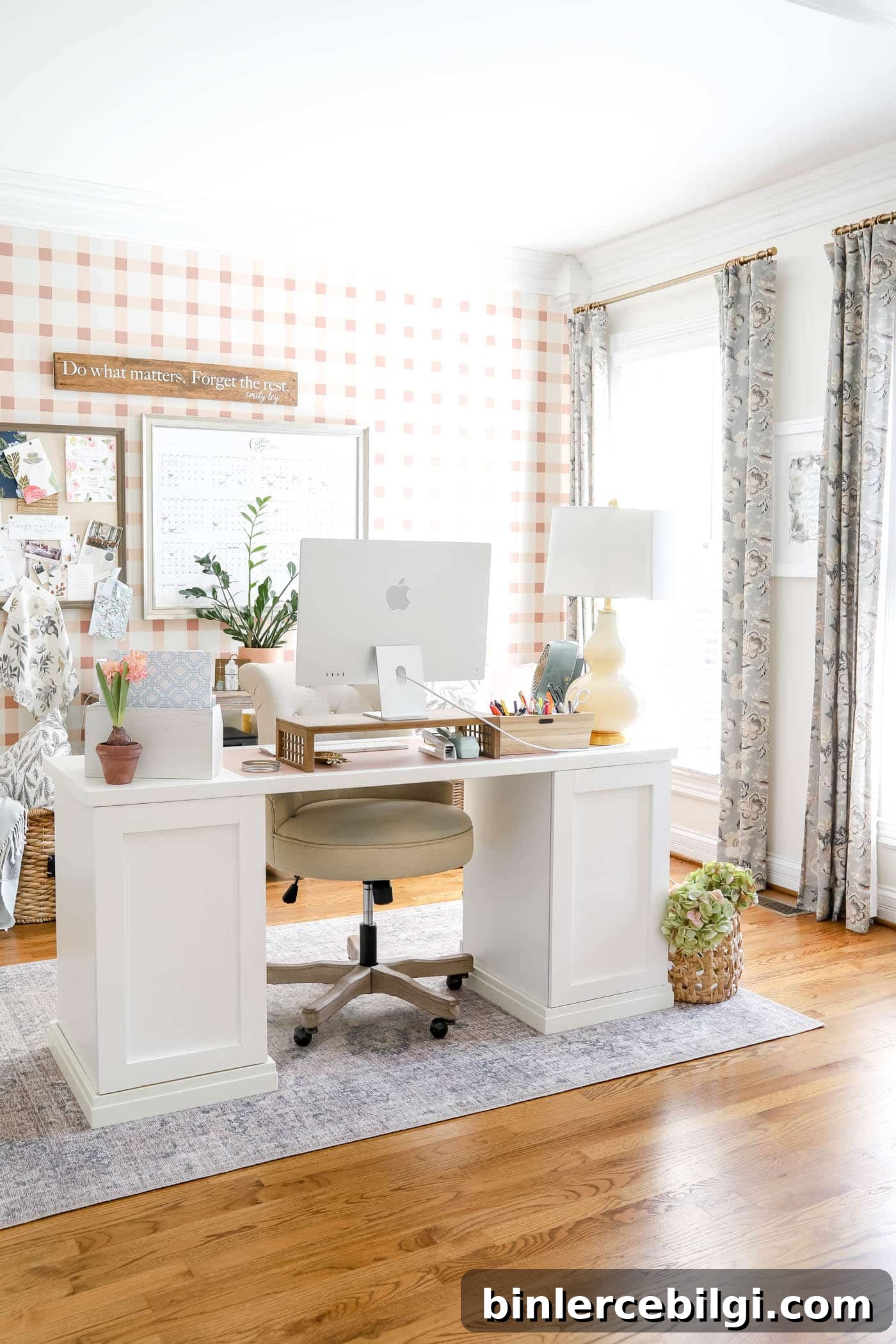 DIY Fall Decorating Projects and August Home Inspiration 8 Office with pink and white plaid accent wall