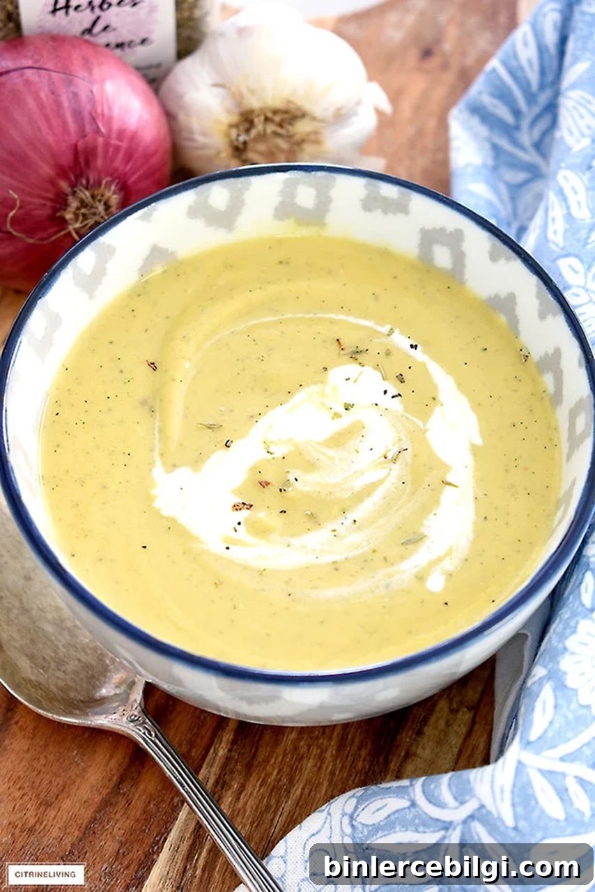 cream of vegetable soup in a blue and white bowl.